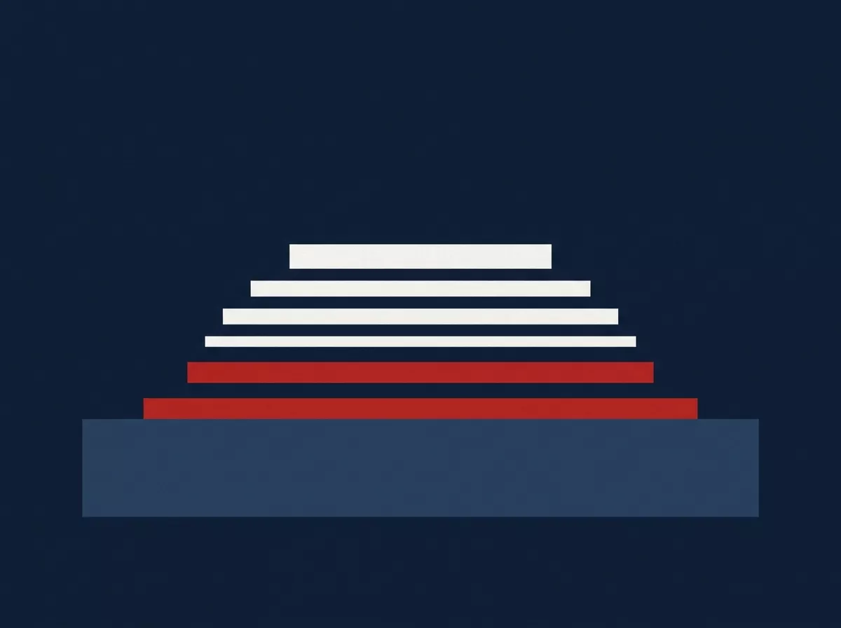 Illustration abstraite : un large socle bleu ardoise supporte une pile de six barres horizontales de largeur décroissante vers le haut, les deux plus basses en rouge, les quatre suivantes en blanc cassé.